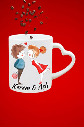 İsimli Kişiye Özel Sevgili Çift  Baskılı Hediye Kalp Kupa Bardak Porselen Çay Kahve Fincanı