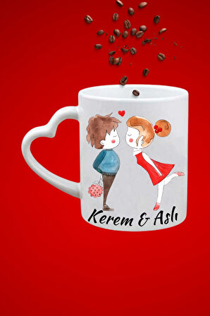 İsimli Kişiye Özel Sevgili Çift  Baskılı Hediye Kalp Kupa Bardak Porselen Çay Kahve Fincanı