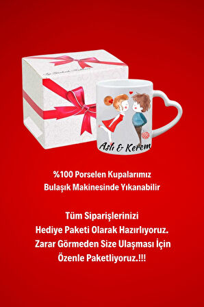 İsimli Kişiye Özel Sevgili Çift  Baskılı Hediye Kalp Kupa Bardak Porselen Çay Kahve Fincanı