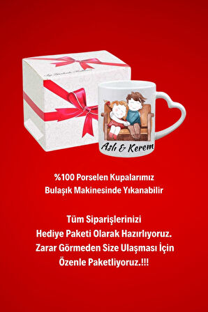 İsimli Kişiye Özel Sevgili Çift Romantik  Baskılı Hediye Kalp Kupa Bardak Porselen Çay Kahve Fincanı