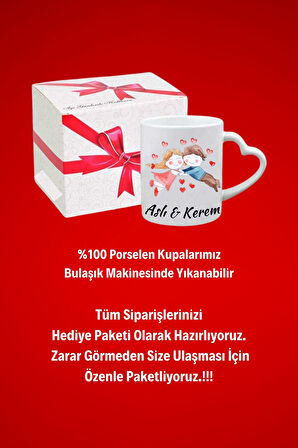 İsimli Kişiye Özel Sarılan Sevgili Çift  Baskılı Hediye Kalp Kupa Bardak Porselen Çay Kahve Fincanı