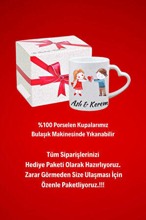 İsimli Kişiye Özel Mutlu Sevgili Çift  Baskılı Hediye Kalp Kupa Bardak Porselen Çay Kahve Fincanı