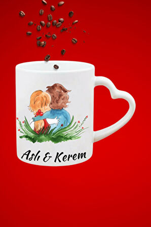 İsimli Kişiye Özel Romantik Sevgili Çift  Baskılı Hediye Kalp Kupa Bardak Porselen Çay Kahve Fincanı