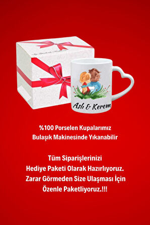 İsimli Kişiye Özel Romantik Sevgili Çift  Baskılı Hediye Kalp Kupa Bardak Porselen Çay Kahve Fincanı