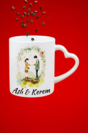 İsimli Kişiye Özel Sevgili Çift Buluşma Baskılı Hediye Kalp Kupa Bardak Porselen Çay Kahve Fincanı
