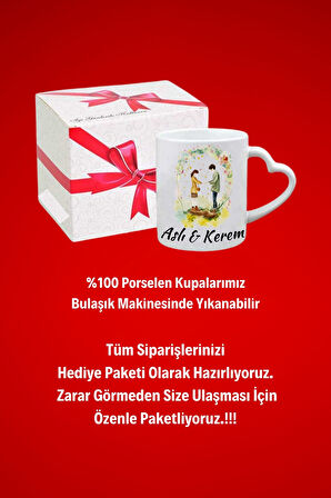 İsimli Kişiye Özel Sevgili Çift Buluşma Baskılı Hediye Kalp Kupa Bardak Porselen Çay Kahve Fincanı