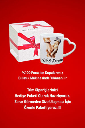 İsimli Kişiye Özel Sevgili Çift El Ele Baskılı Hediye Kalp Kupa Bardak Porselen Çay Kahve Fincanı
