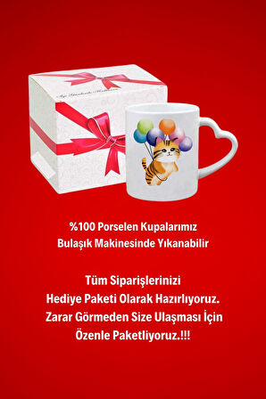 Uçan Balonlu Sevimli Kedi Baskılı Hediye Kalp Kupa Bardak Porselen Çay Kahve Fincanı