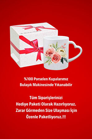 Çiçek Buketi Baskılı Hediye Kalp Kupa Bardak Porselen Çay Kahve Fincanı