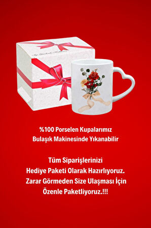 Gül Buketi Arajman Baskılı Hediye Kalp Kupa Bardak Porselen Çay Kahve Fincanı