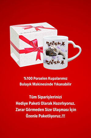 Sevimli Kedicik Baskılı Hediye Kalp Kupa Bardak Porselen Çay Kahve Fincanı