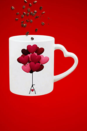 Sevgili Uçan Kalpler Baskılı Hediye Kalp Kupa Bardak Porselen Çay Kahve Fincanı