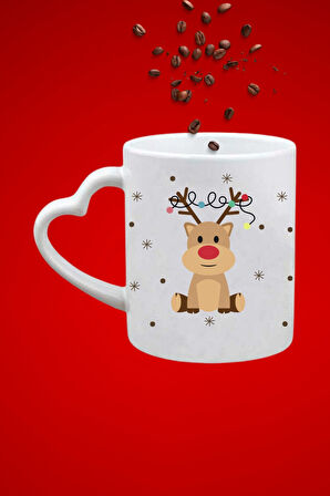 Geyik Kurabiye Baskılı Hediye Kalp Kupa Bardak Porselen Çay Kahve Fincanı