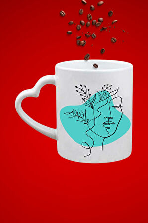Modern Kadın Siluet Baskılı Hediye Kalp Kupa Bardak Porselen Çay Kahve Fincanı