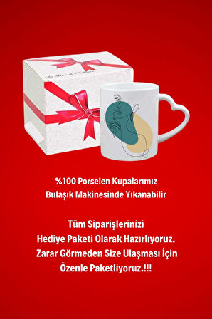 Modern Kadın Siluet 2 Baskılı Hediye Kalp Kupa Bardak Porselen Çay Kahve Fincanı