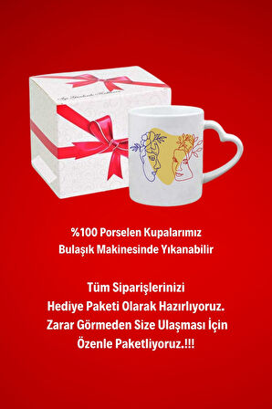 Aşık Çiftler Çiçekli Taç Baskılı Hediye Kalp Kupa Bardak Porselen Çay Kahve Fincanı