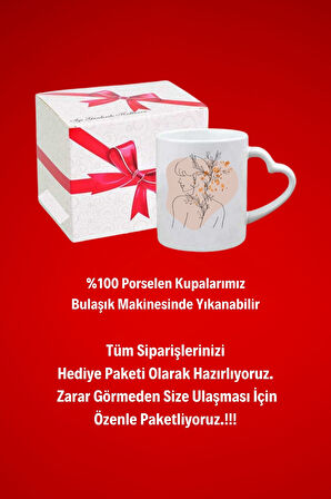 Modern Kadın Siluet 4 Baskılı Hediye Kalp Kupa Bardak Porselen Çay Kahve Fincanı