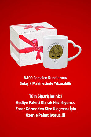 Gül Taçlı Kadın Siluet Baskılı Hediye Kalp Kupa Bardak Porselen Çay Kahve Fincanı