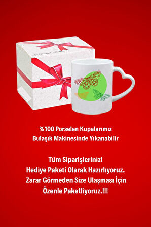 Renkli Kelebekler Baskılı Hediye Kalp Kupa Bardak Porselen Çay Kahve Fincanı