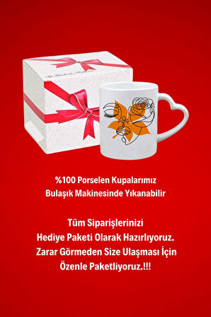 Modern Kadın Siluet Çınar Yaprağı Baskılı Hediye Kalp Kupa Bardak Porselen Çay Kahve Fincanı