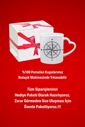 Camping Pusula Baskılı Hediye Kalp Kupa Bardak Porselen Çay Kahve Fincanı