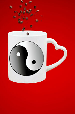 Denge Ying Yang Baskılı Hediye Kalp Kupa Bardak Porselen Çay Kahve Fincanı