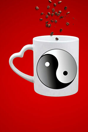 Denge Ying Yang Baskılı Hediye Kalp Kupa Bardak Porselen Çay Kahve Fincanı