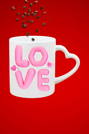 Love Baskılı Sevgiliye Hediye Kalp Kupa Bardak Porselen Çay Kahve Fincanı