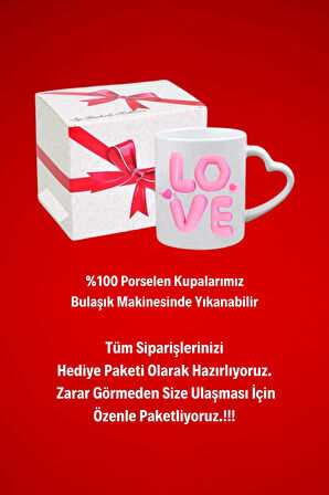 Love Baskılı Sevgiliye Hediye Kalp Kupa Bardak Porselen Çay Kahve Fincanı
