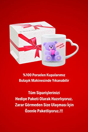 Doğum Günü Ayıcık Baskılı Sevgiliye Hediye Kalp Kupa Bardak Porselen Çay Kahve Fincanı