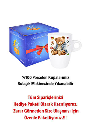 Yeni Yıl Oyuncak Ayı Teddy Bear Baskılı Kupa Bardak Porselen Latte Filtre Kahve Fincanı