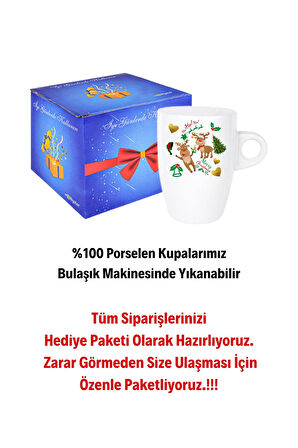 Yılbaşı Geyikli Kurabiye Baskılı Kupa Bardak Porselen Latte Filtre Kahve Fincanı