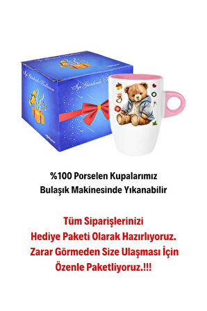 Yeni Yıl Oyuncak Ayı Teddy Bear Baskılı Kupa Bardak Porselen Latte Filtre Kahve Fincanı