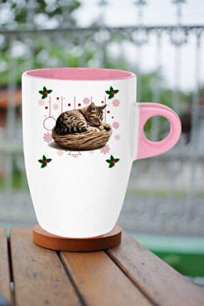 Yeni Yıl Uykucu Kedi Baskılı Kupa Bardak Porselen Latte Filtre Kahve Fincanı