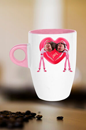 Mutlu Çiftler Love Kalp Baskılı Hediye Kupa Bardak Porselen Latte Filtre Kahve Fincanı