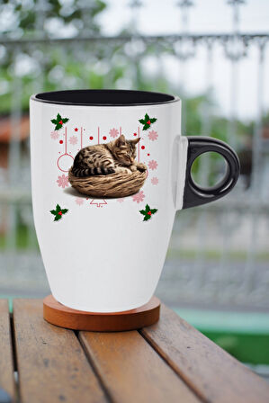 Yeni Yıl Uykucu Kedi Baskılı Kupa Bardak Porselen Latte Filtre Kahve Fincanı