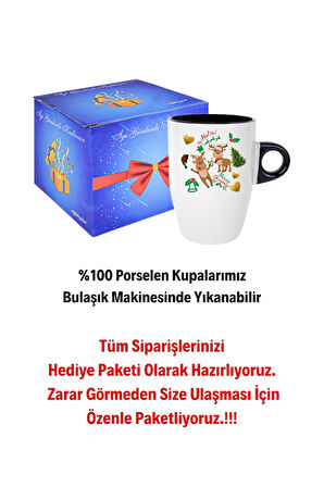 Yılbaşı Geyikli Kurabiye Baskılı Kupa Bardak Porselen Latte Filtre Kahve Fincanı