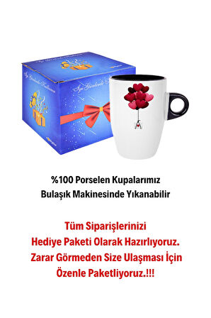 Uçan Kalpler Baskılı Kupa Bardak Porselen Latte Filtre Kahve Fincanı Hediye