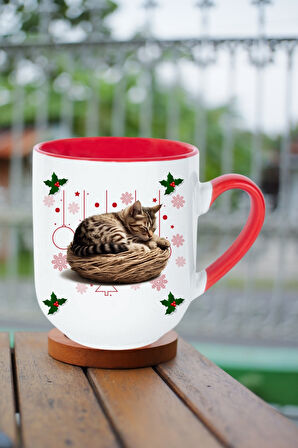 Yeni Yıl Uykucu Kedi Baskılı İçi Kırmızı Lüx Kupa Bardak Porselen Çay Kahve Fincanı