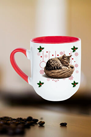 Yeni Yıl Uykucu Kedi Baskılı İçi Kırmızı Lüx Kupa Bardak Porselen Çay Kahve Fincanı