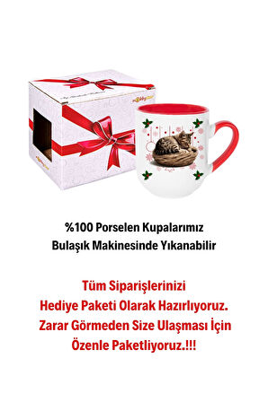 Yeni Yıl Uykucu Kedi Baskılı İçi Kırmızı Lüx Kupa Bardak Porselen Çay Kahve Fincanı