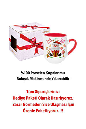 Noel Baba Happy Christmas Baskılı İçi Kırmızı Lüx Kupa Bardak Porselen Çay Kahve Fincanı