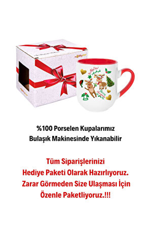 Yılbaşı Geyikli Kurabiye Baskılı İçi Kırmızı Lüx Kupa Bardak Porselen Çay Kahve Fincanı