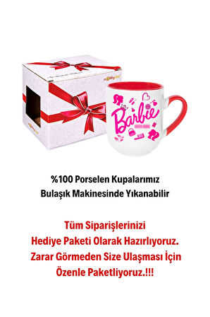 Enter Mode Barbie Baskılı İçi Kırmızı Lüx Kupa Bardak Porselen Çay Kahve Fincanı