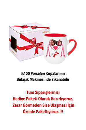 Mutlu Çiftler Love Baskılı Hediye İçi Kırmızı Lüx Kupa Bardak Porselen Çay Kahve Fincanı