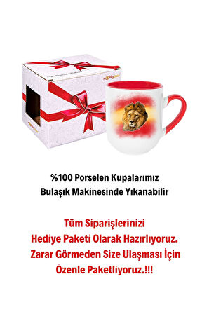 Taraftar Sarı Kırmızı Arslan Baskılı İçi Kırmızı Lüx Kupa Bardak Porselen Çay Kahve Fincanı