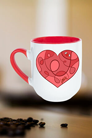 Love Kalp Baskılı İçi Kırmızı Lüx Kupa Bardak Porselen Çay Kahve Fincanı