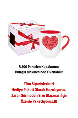 Love Kalp Baskılı İçi Kırmızı Lüx Kupa Bardak Porselen Çay Kahve Fincanı