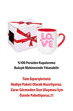 Love Baskılı Hediye İçi Kırmızı Lüx Kupa Bardak Porselen Çay Kahve Fincanı