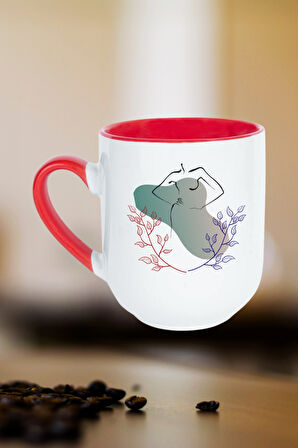 Modern Kadın Sliuet Baskılı İçi Kırmızı Lüx Kupa Bardak Porselen Çay Kahve Fincanı